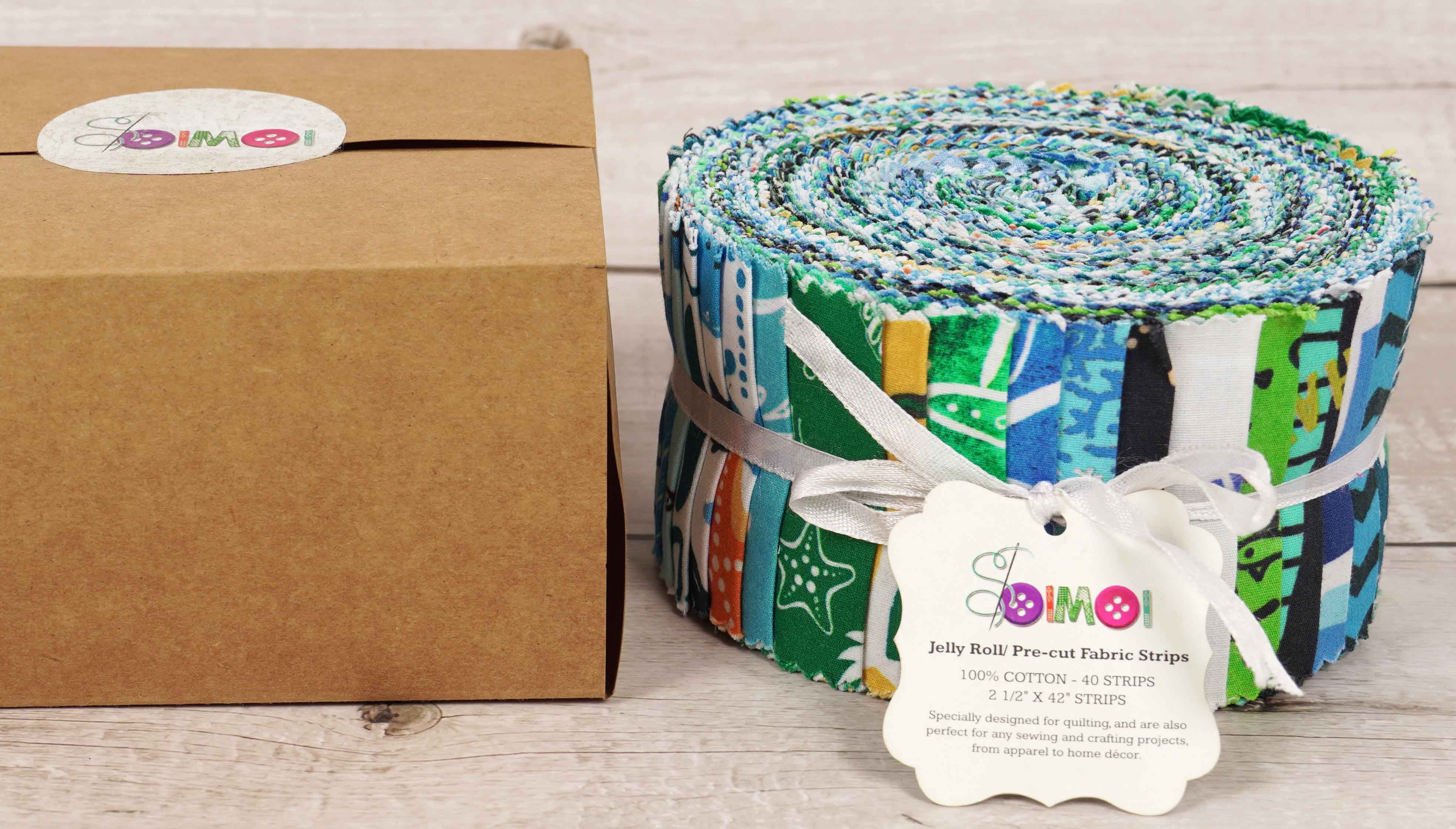 Soimoi 40Pcs Beach Print Cotton Precut Fabrics For Quilting Craft Strips 2.5x42 inches Jelly Roll - Blue & Green