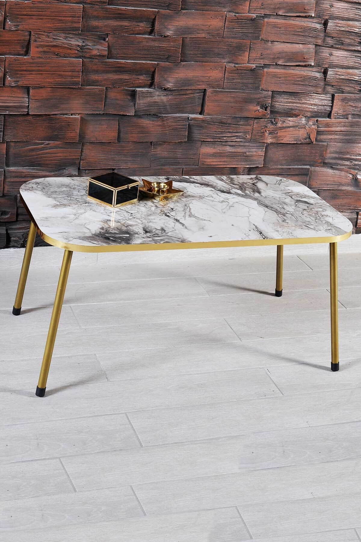 White Marble Print Coffee Table with Gold Metal Legs, Faux Marble