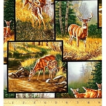 1 Fat Quarter - Wild Deer & Fawns Autumn Scenic Block Cotton Fabric - 21" X 18"