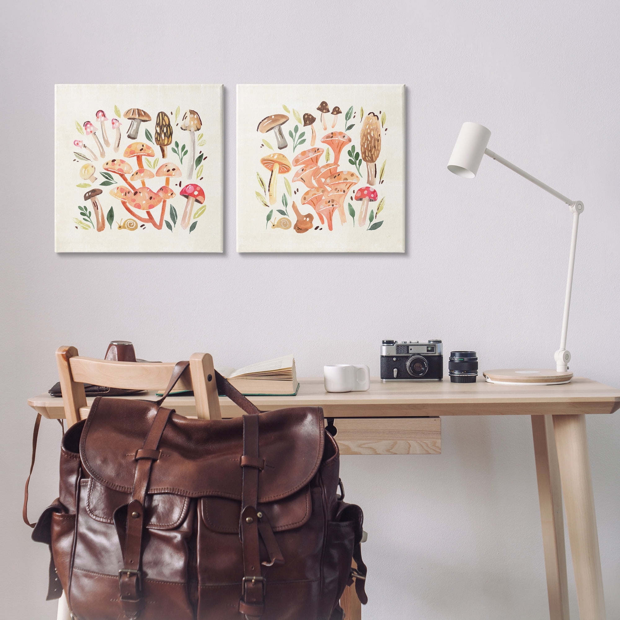 Stupell Industries Mushroom & Leaves Pattern Botanical & Floral Painting Gallery Wrapped Canvas Art Print Wall Art, 17 x 17, Set of 2