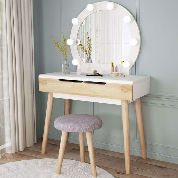 2 Drawers And Cushioned Stool, Lighted Vanity Mirror For Desk
