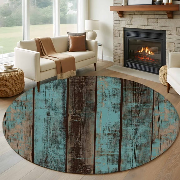 Teal Wood Grain Round Area Rug 5 FT, Non Slip Bedroom Area Rug, Gradient Farm Old Wooden Board Vintage Washable Soft Circular Carpet Non-Shedding Floor Mat for Kitchen Dining Room Foyer Balcony Dorm