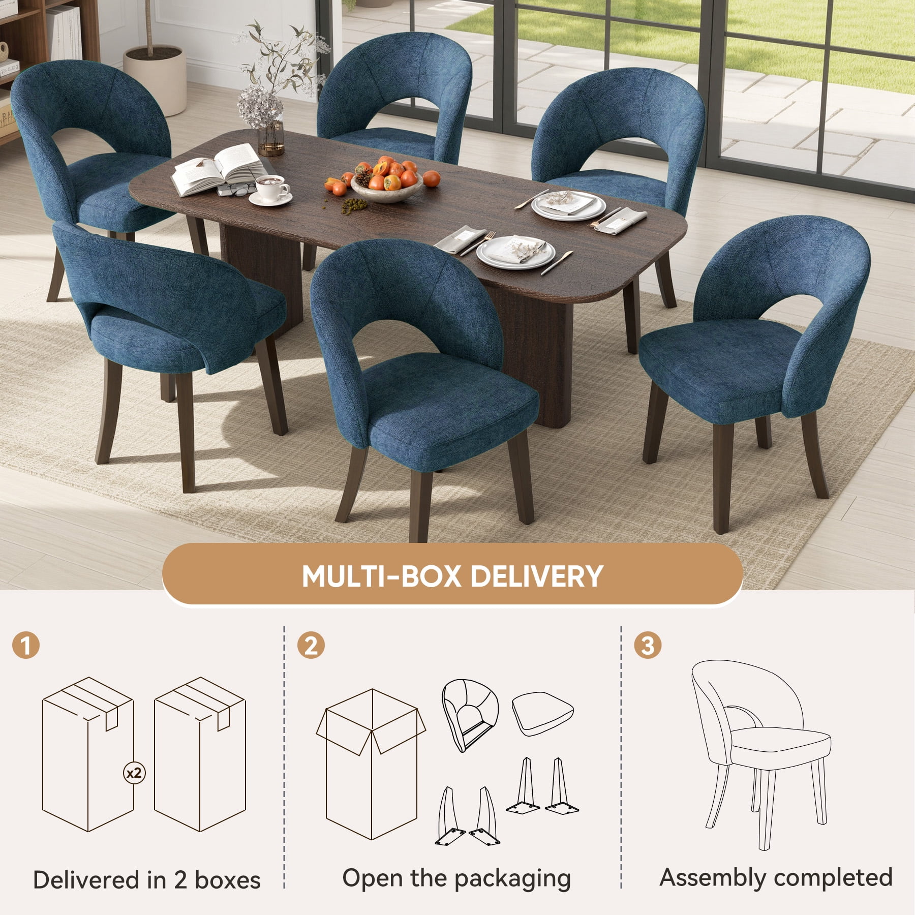 MOONNISS Upholstered Dining Chairs Set of 4, Mid Century Modern Dining Chairs with Solid Wood Legs, Curved Back Kitchen Chairs, Farmhouse Side Chairs for Dining Room,Blue