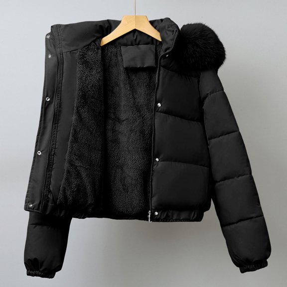 Xdegoge Womens Cropped Puffer Jacket with Hood Winter Warm Insulated Quilted Coat Full Zip Snap Button Short Outerwear for Daily Commute Vacation