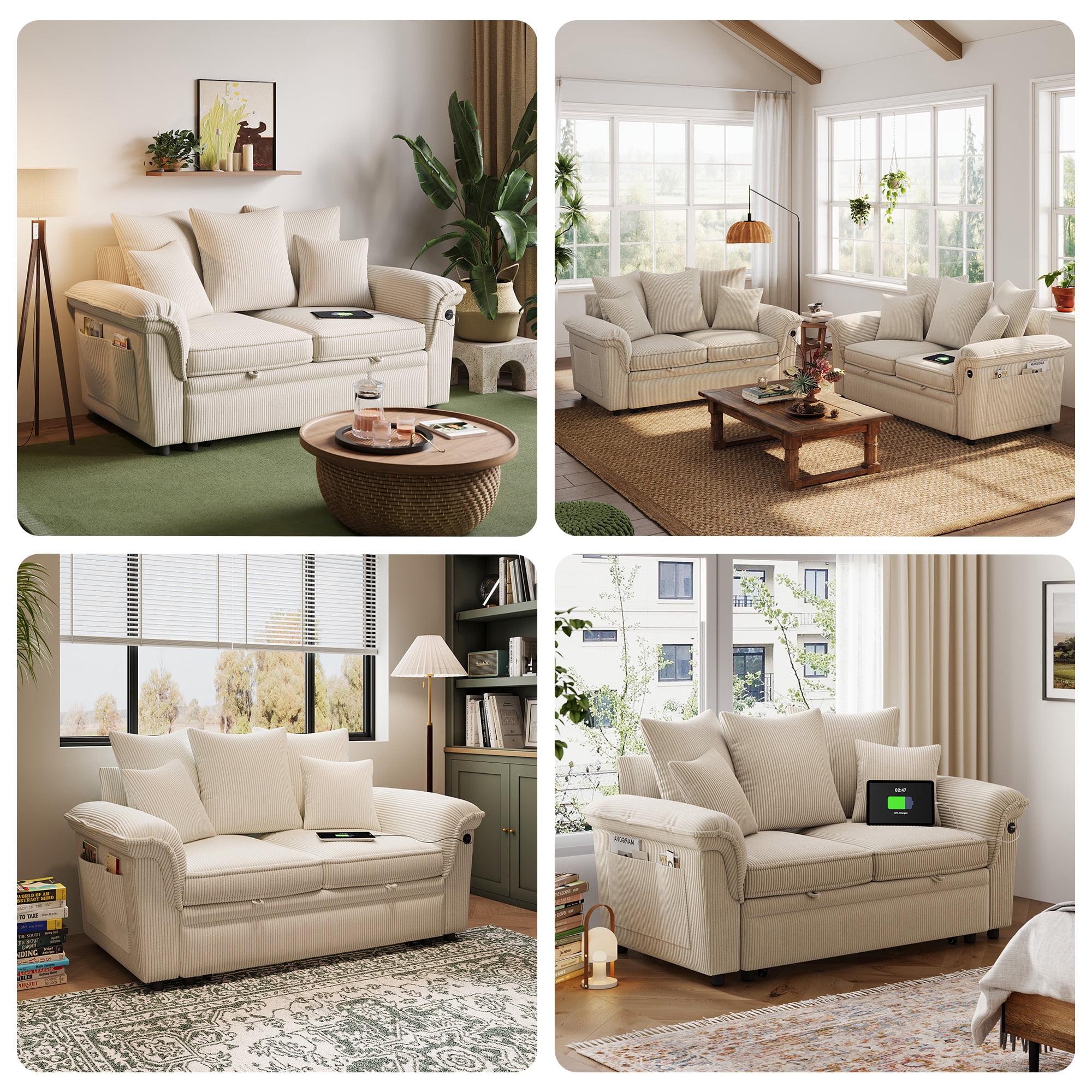 LINSY HOME Modular Sectional Sofa, Pull Out Couch Chaise Lounge, Convertible Loveseat Sofa Couch with Usb & Two Pillows, Beige