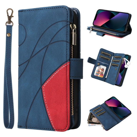 Multifunctional Case for iPhone 16 Plus,[RFID Blocking] 9 Credit Cards Holder with Wrist Strap, Premium PU Leather Zipper Wallet Purse Magnetic Flip Phone Cover,Blue
