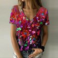 thumbnail image 2 of Blusa de camiseta informal con estampado de manga corta y cuello en V de verano para mujer a la moda Fridja  hjk4419, 2 of 8