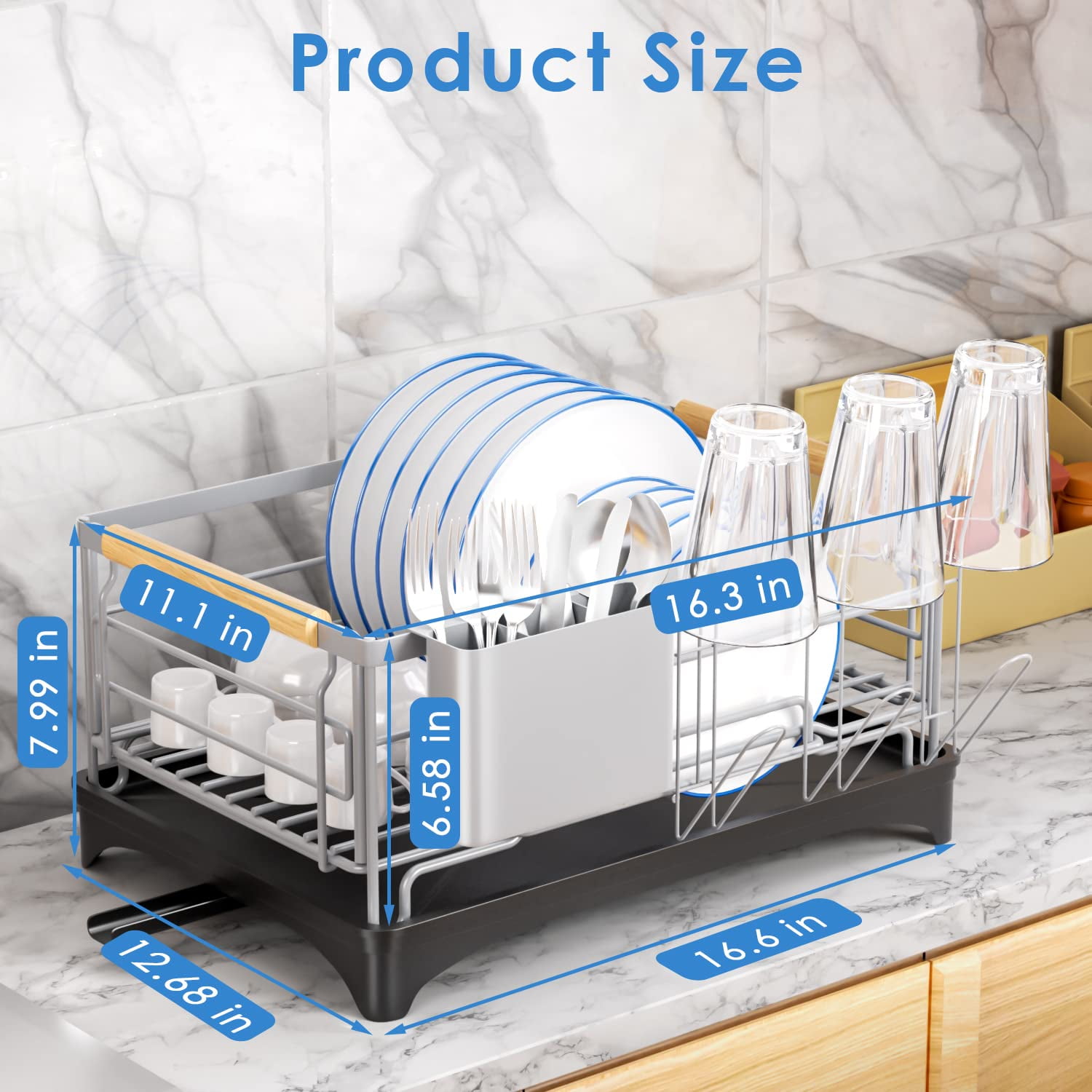 Dish Drying Rack, Dish Rack for Kitchen Counter, Rust-Proof Dish Drainer  with Drying Board and Utensil Holder for Kitchen Counter Cabinet,  16.6\u201d L× 12.6\u201dW× 7.8\u201dH, Milk White 