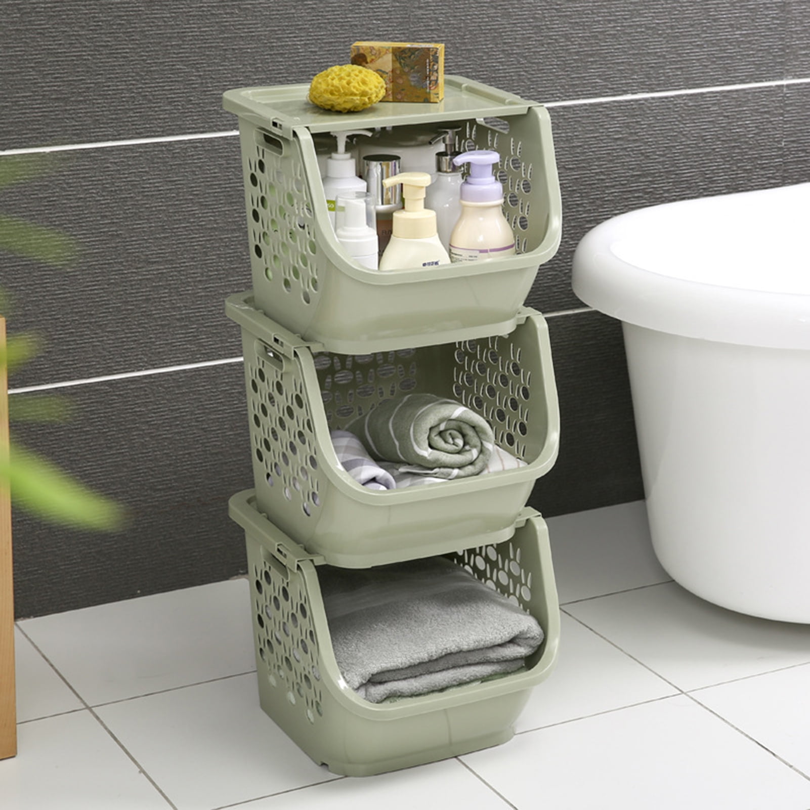 Storage Baskets with Top Lid Stackable Pantry Organization and Storage, Large Capacity Kitchen Produce Basket Bins for Fruits, Vegetables, Potatoe, Cans, Onion and Snacks