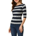 thumbnail image 4 of INSPIRE CHIC Mother's Day Women's Striped Shirts Slim Fit Elbow Sleeves Boat Neck T-Shirt L Navy Gray, 4 of 6