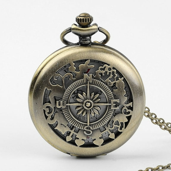 10pcs Alloy Compass Shape Pocket Watches Quartz Watch with Iron Chain Bronze 31.4 inch