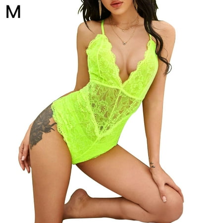 

GeweYeeli V-Neck See Through Lingerie Floral Lace Lingerie for Women One Piece Bodysuit Fluorescent Green