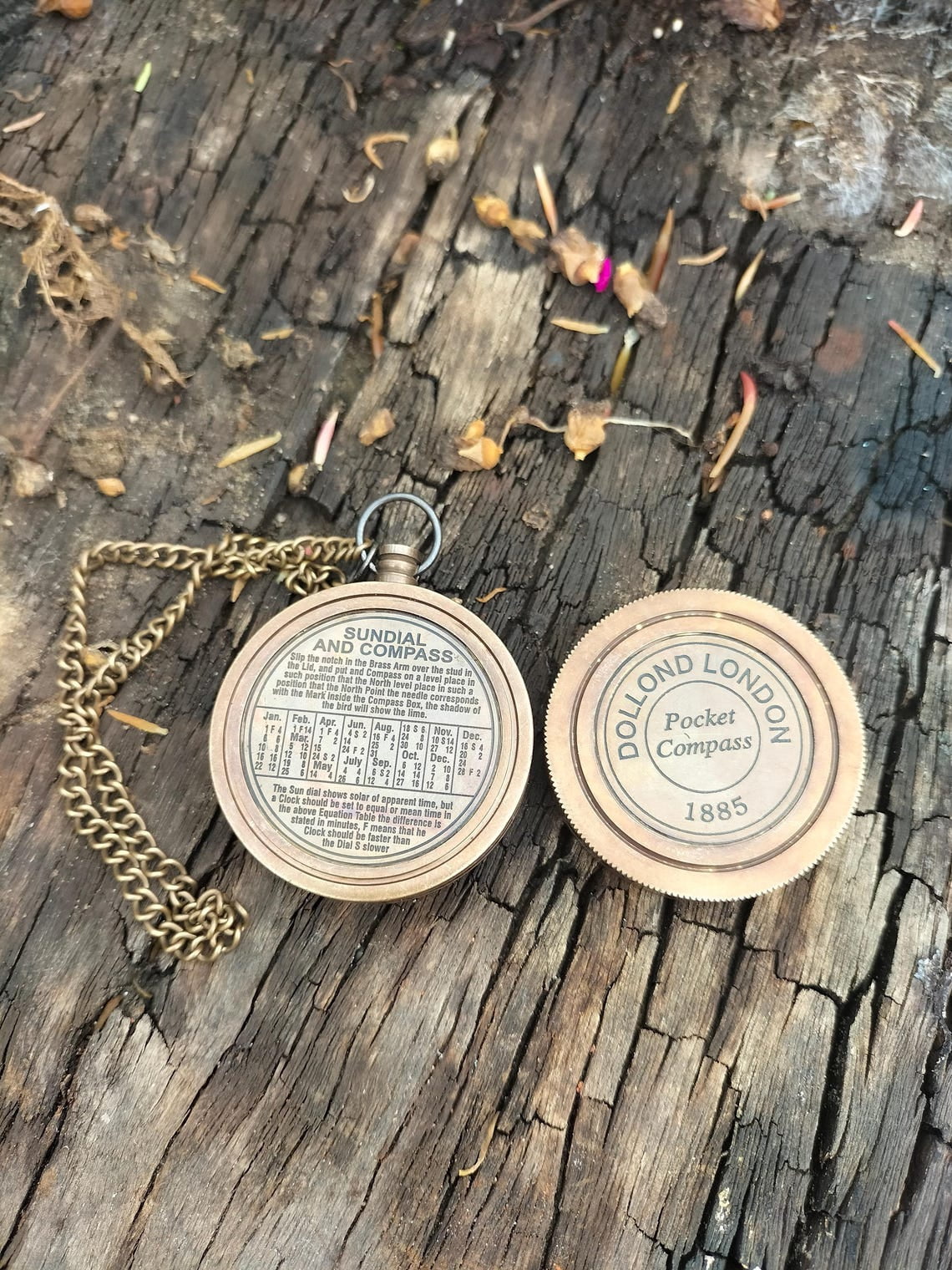 Antique Brass Sundial Pocket Compass – Dollond London 1885 – Vintage Nautical Compass with Chain – Steampunk Navigation Gift by Maritime Treasures