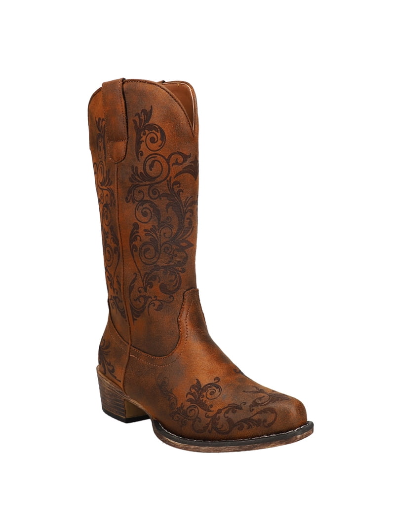 ROPER Women's Classic Square Toe Cowgirl Boots – Mid Calf, Low Heel, Brown Faux Leather, Size 5 M