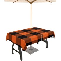 Outdoor Tablecloth with Umbrella Hole Rectangle 60x84inch, Halloween Plaid Spillproof Fabric Outdoor Tablecloths, Orange Black Buffalo Check Picnic/Patio Zipper Table Covers