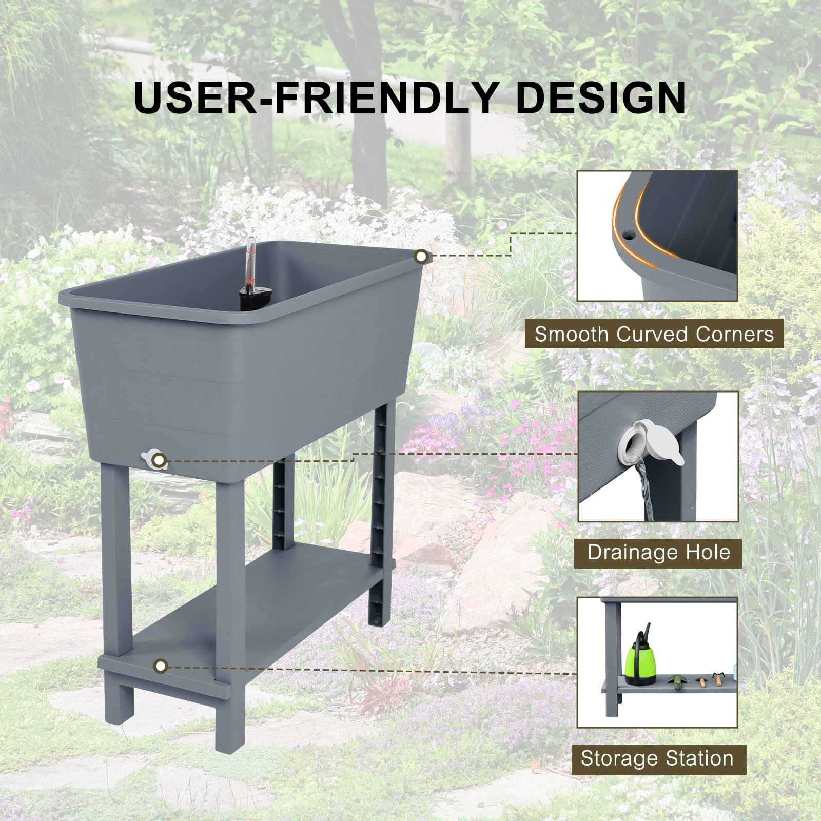 BPS Outdoor Raised Garden Bed, Set of 3 Self-Watering Elevated Planter Box with Legs - Gray