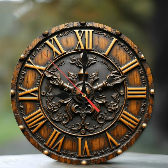 Vintage Decorative Wall Clock with Roman Numerals And Intricate Design 10-Inch Silent Wooden Wall Clock, Battery Operated (AA Batteries Not Included), Artistic Home Decor