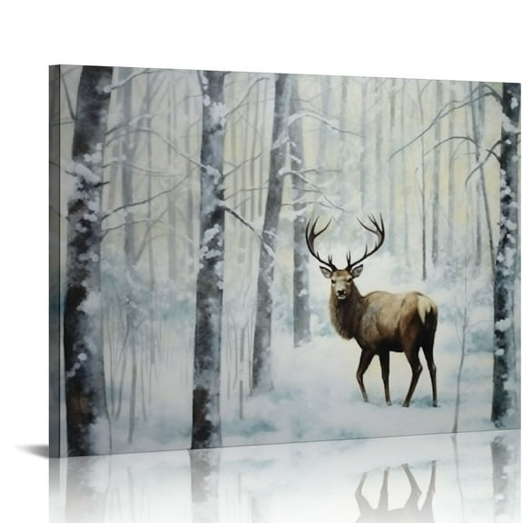 JEUXUS Christmas Canvas Wall Art, Christmas Framed Wall Art with Deer in Winter Snowy Forest for Christmas Wall Decorations, Christmas Gifts