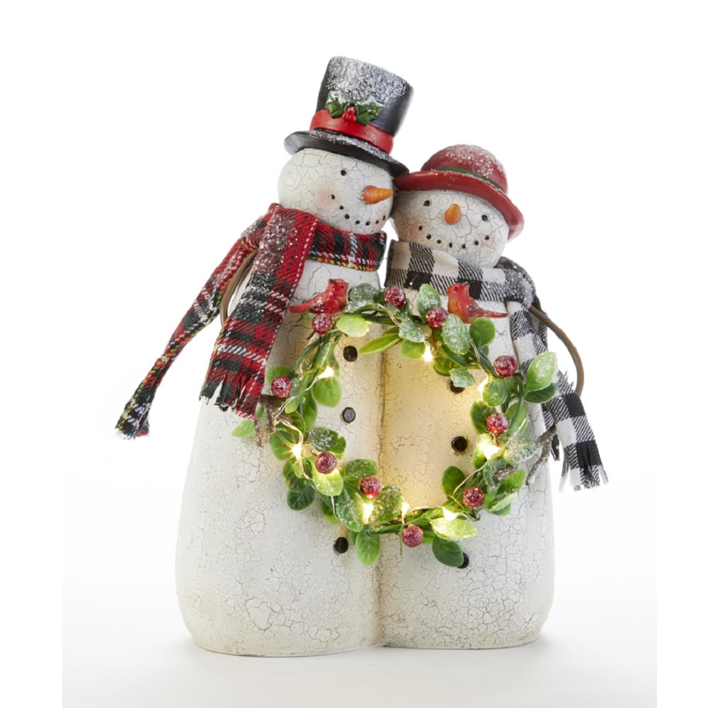 Resin Plaid LED Snowman Couple Figurine 9 Inches Tall