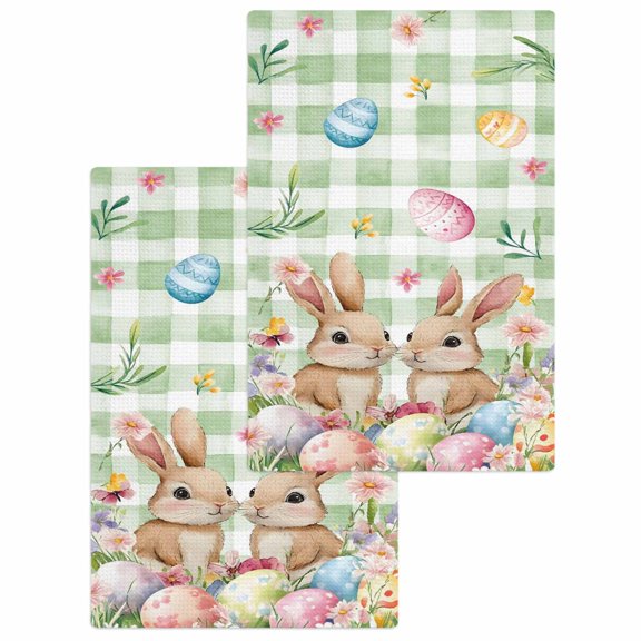 Easter Kitchen Dish Towels for Drying Dishes Set of 2, Spring Rabbit Eggs Flower Butterfly Green Plaid Waffle Weave Microfiber Hand Tea Bathroom Towels Quick Dry & Absorbent Towel 15.7x23.6