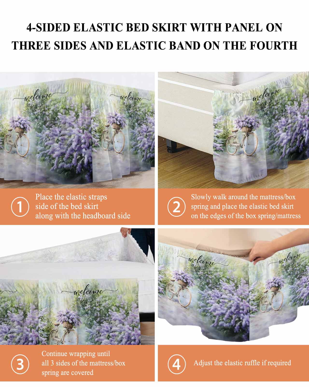 Purple Lavender Wrap Around Bed Skirts for Queen Bed 18" Drop,Bed Skirt with Adjustable Elastic Belt Dust Ruffle Bed Valance for Bedroom Hotel Green Leaves Spring Bike Botanical Bed Frame Cover