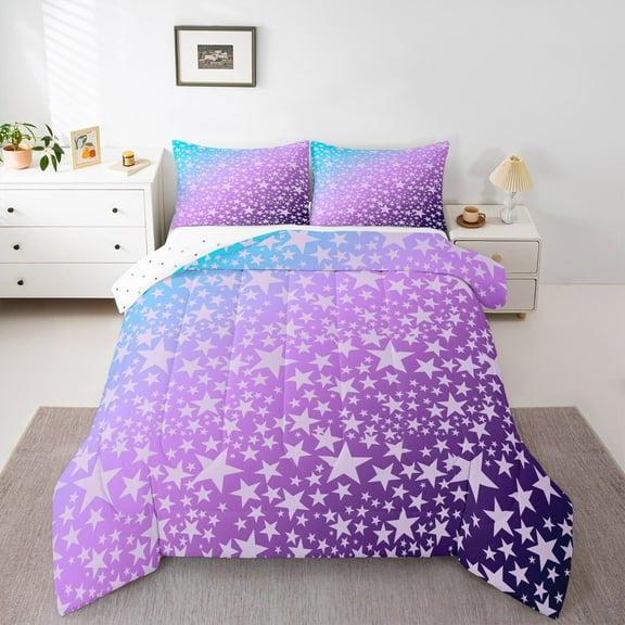 Manfei Purple Stars Kids Bedding Comforter Set, Dreamy Cartoon Twin Comforter Sets, Mystic Starry Sky Reversible Bedding Set, Luxury Bedroom Decor, 2 Pieces