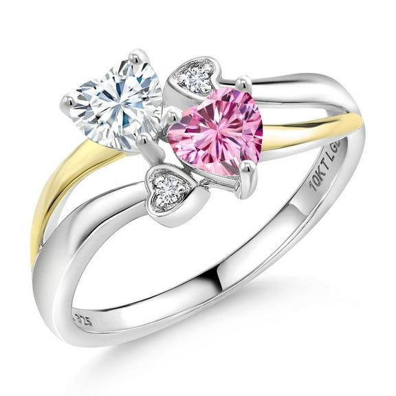 Gem Stone King 925 Silver and 10K Yellow Gold White Moissanite and Pink Moissanite and White Lab Grown Diamond Ring for Women (0.94 Cttw, Gemstone, Heart Shape 5MM, Size 7)