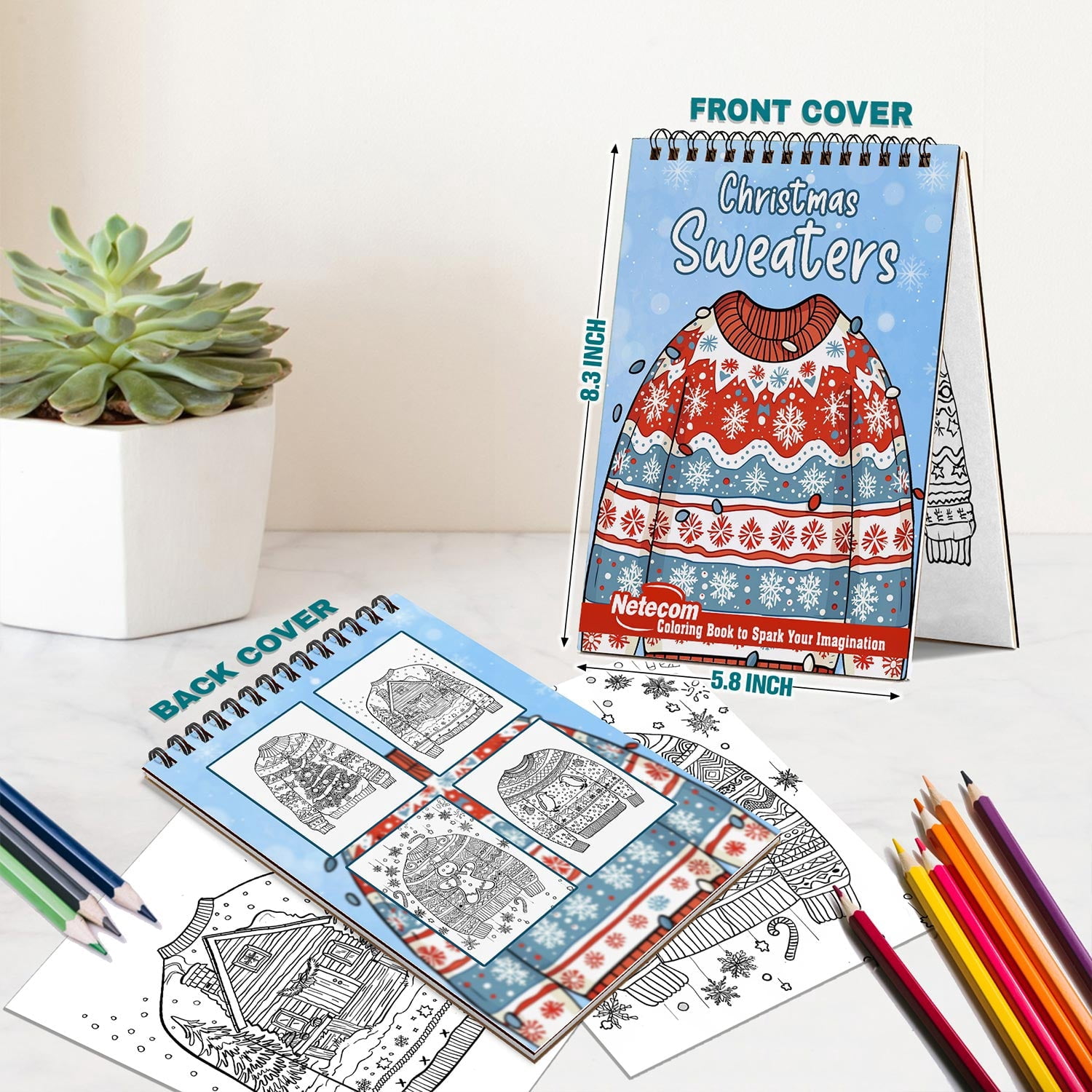 Netecom Christmas Sweaters Coloring Book Spiral Bound for Adults, A5 Wooden Cover, 30 Large Print Coloring Pages of Holiday Sweatshirt for Stress Relief and Relaxation