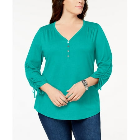 Cotton Plus Size Henley - Karen Scott - Cotton Ruched Henley Top - Plus Size - 0X