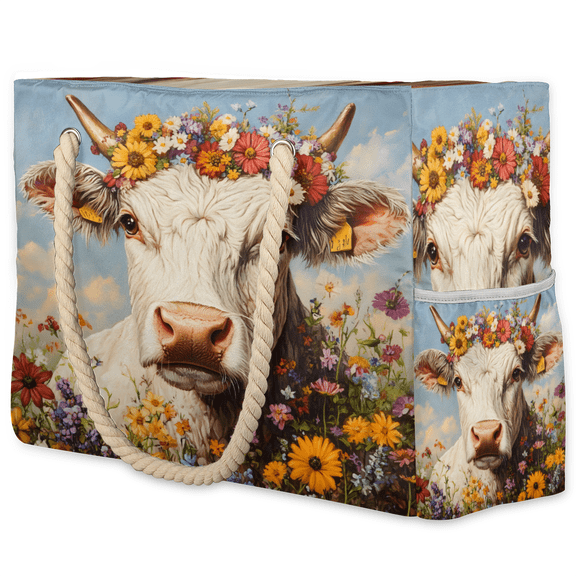 Herdesigns Highland Cow Floral Tote Beach Bag for Women Ladies Large Zipper Beach Bags Waterproof Sandproof Summer Gym Swim Pool Travel Bag