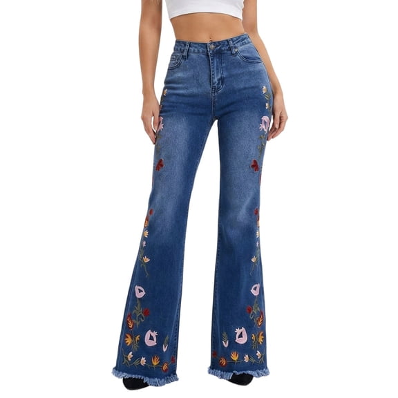 adaychics Embroidered Jeans Flare Leg Retro High Waisted Long Stretchy Bootcut Jeans for Daily Wear Going Out Vacation