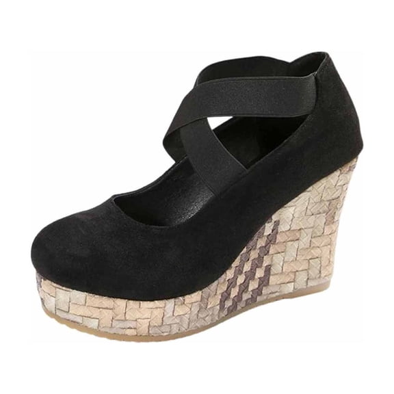 Black Ladie'S Wedge Sandals Round Toe Closed Toe Crisscross Elastic Strap Thick Sole Comfortable Lightweight For Summer Everyday Size 36