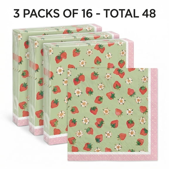 Amscan Strawberry Shortcake Birthday Napkins 48 Count | Vintage Girls Party Supplies & Decorations | Absorbent 6.5 Inch Themed Luncheon Napkins for Strawberry Party