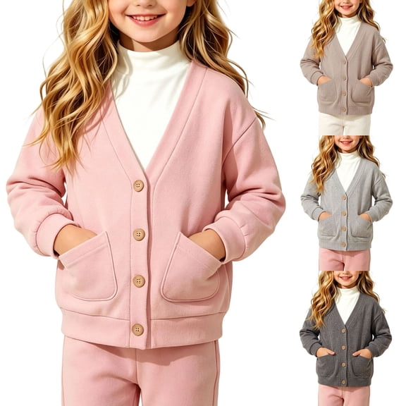 Boys Girls Open Front Cardigan Coat, V-Neck Long Sleeve Button Down Sweatshirt Outer Jacket with Pockets