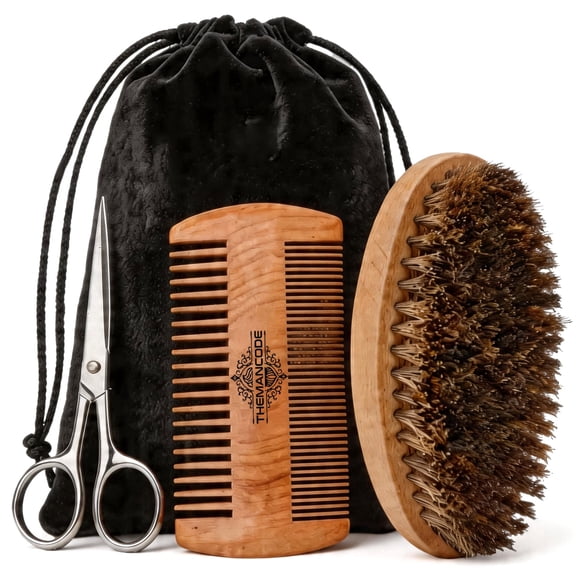 THEMANCODE Beard Care Kit for Men – 4-Piece Beard Grooming Set with Beard Brush, Wooden Comb, Beard Trimming Scissors & Storage Bag, 2. Father's Day Gift Set