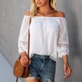 thumbnail image 4 of Women Off Shoulder Top 3/4 Bell Sleeves Loose Fit Elastic Neckline Lining Inside Summer Blouse Beige L, 4 of 8