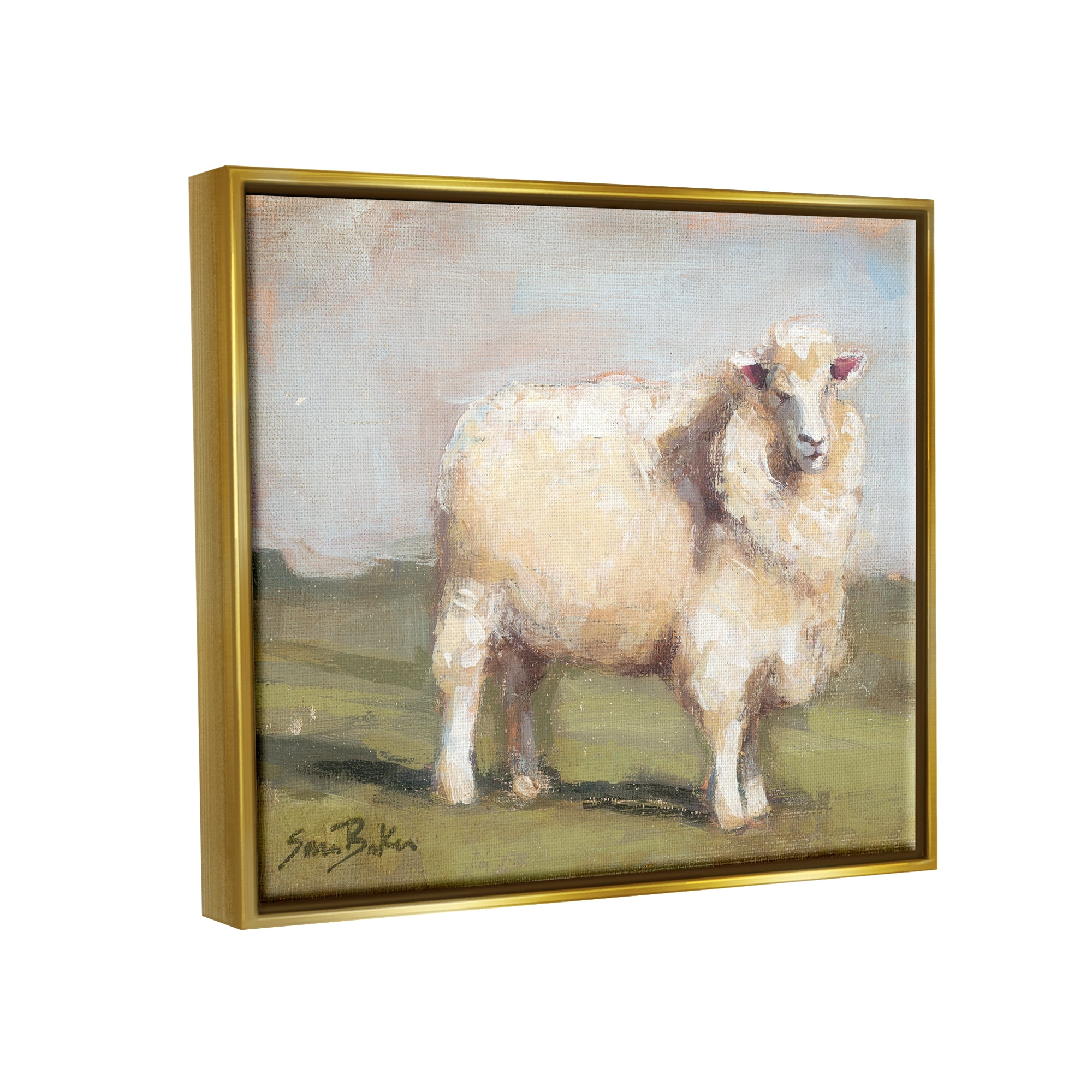 Stupell Fuzzy Sheep Country Landscape Animals & Insects Painting Gold Floater Framed Art Print Wall Art