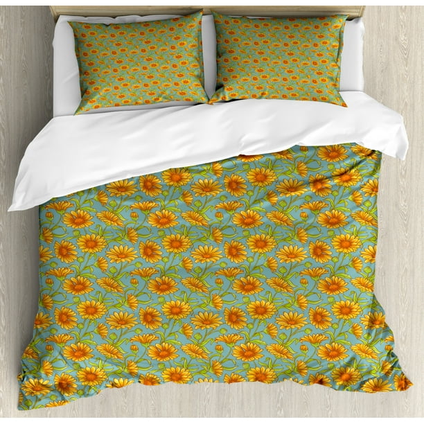 Fl Duvet Cover Set King Size Continuous Pattern With Cartoonish Sweet Calendula Flowers 3 Piece Bedding 2 Pillow Shams Pale Teal Orange And Lime Green By Ambesonne Com Fl Duvet Cover Set King Size, Teal And Lime Green Bedding