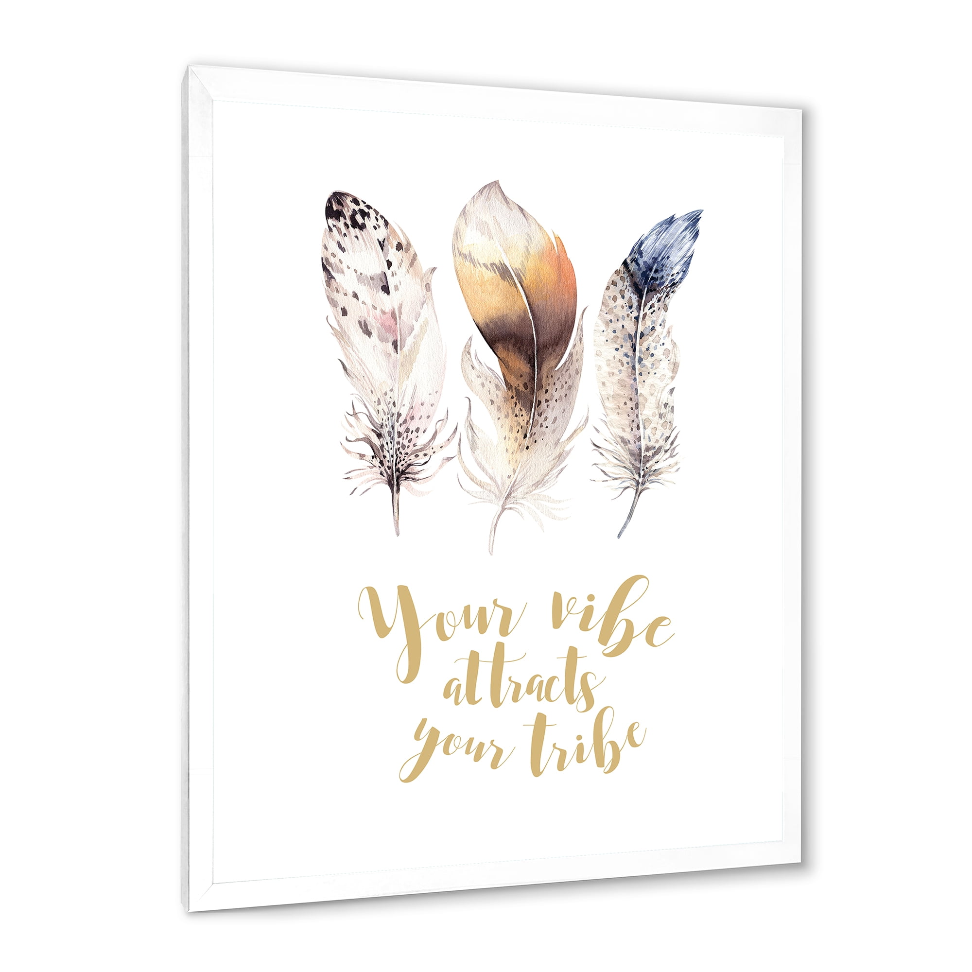 Multicolored Ethnic Art Feathers With Inspiring Quote 30 in x 40 in Framed Painting Canvas Art Print, by Designart