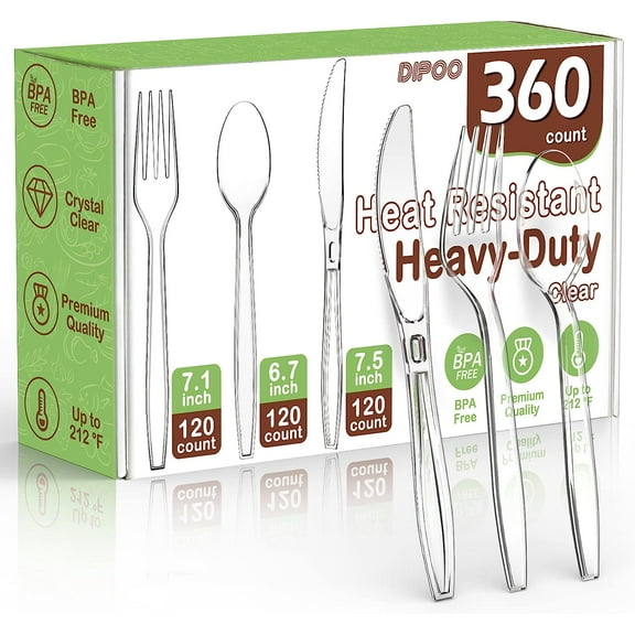 360 Count Plastic Silver Ware Heavy Duty, 120 Forks, Spoons, Knives, Heat Resistant & BPA Free Disposable SilverWare, Cutlery set, Premium Clear Utencils for Supply