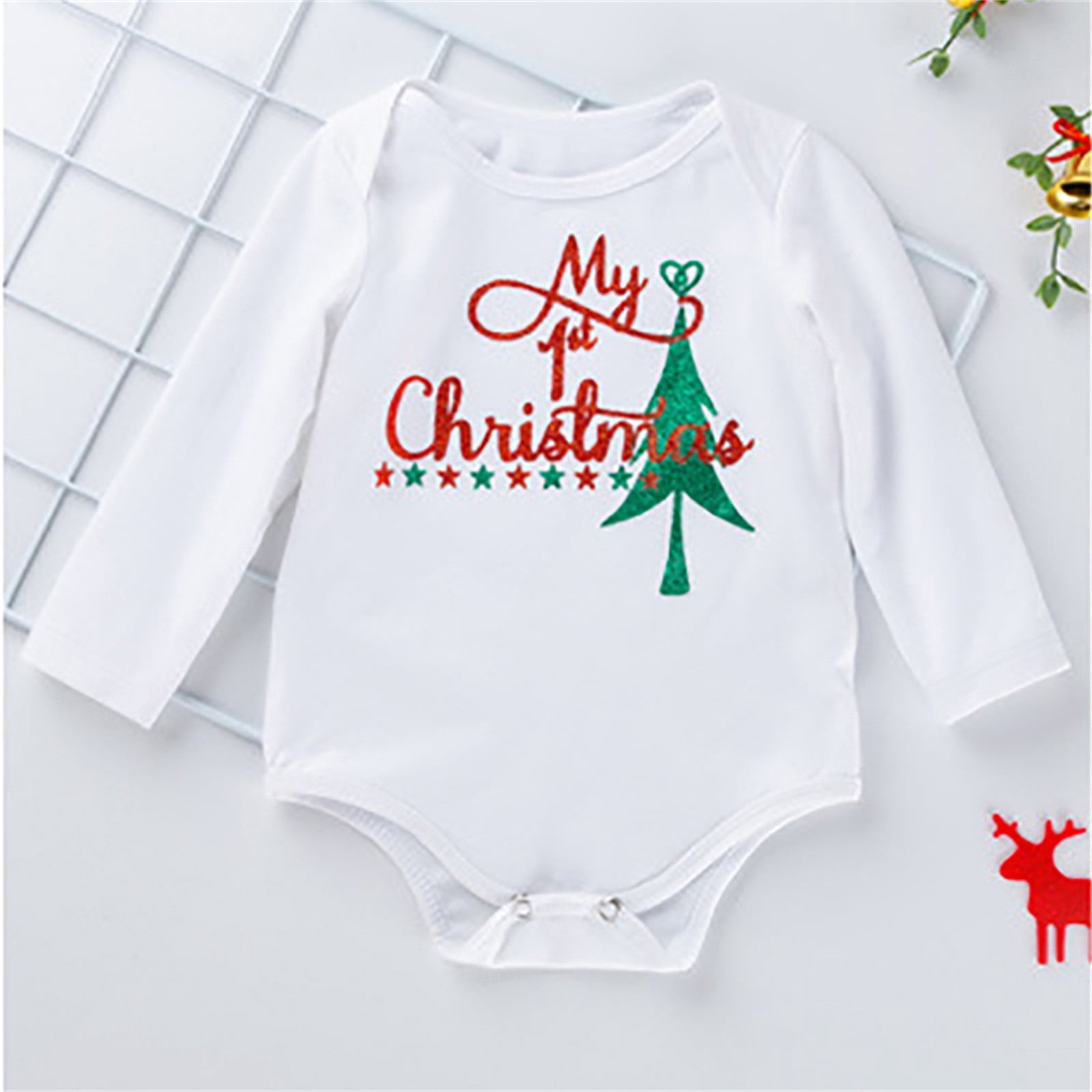 gcong My First Christmas Baby Girl Outfit Long Sleeve Romper Dress Santa Elk Dresses Fall Winter Clothes with Bowtie