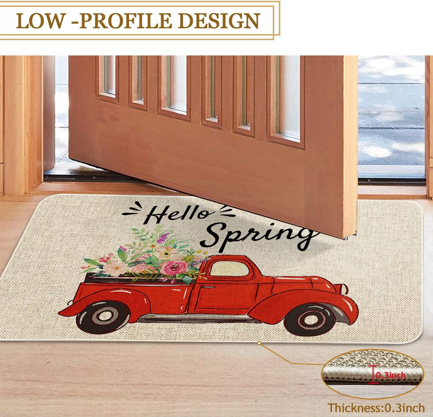 Spring Door Mat 30 X 17 Inch Hello Spring Red Truck with Flowers Doormat Indoor Outdoor Entrance Floor Mat Non Slip Spring Decor Rubber Mats