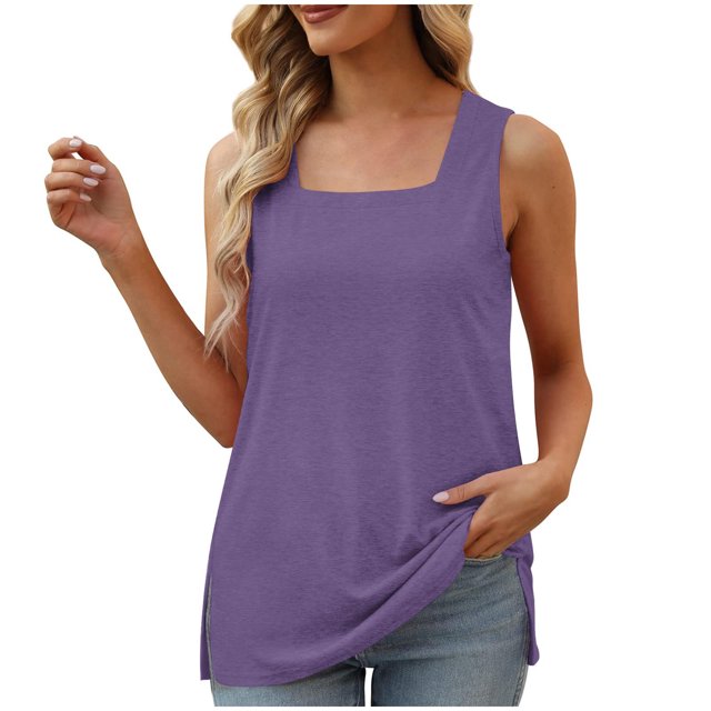 UPPADA Débardeur à Encolure Carrée pour Femme, à Volants, à Blocs de Couleur, à Rayures, T-Shirt Débardeur d'Été Décontracté, Coupe Ample, Sans Manches, Chemise à Encolure Carrée, Débardeur Décontracté Fluide, Hauts de Plage, Violet, m