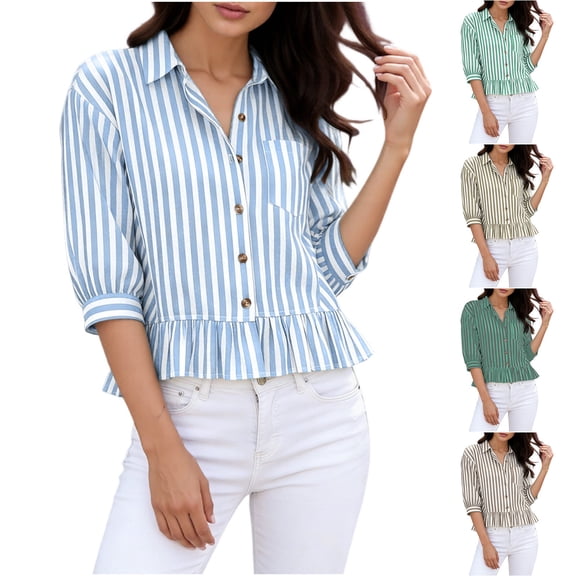 Women's Puff 3/4 Sleeve Striped Button Down Shirts Peplum Blouses, Collared Summer Office Work Tops with Pocket Ruffle Hem Casual Loose Fit Blouse Clothes