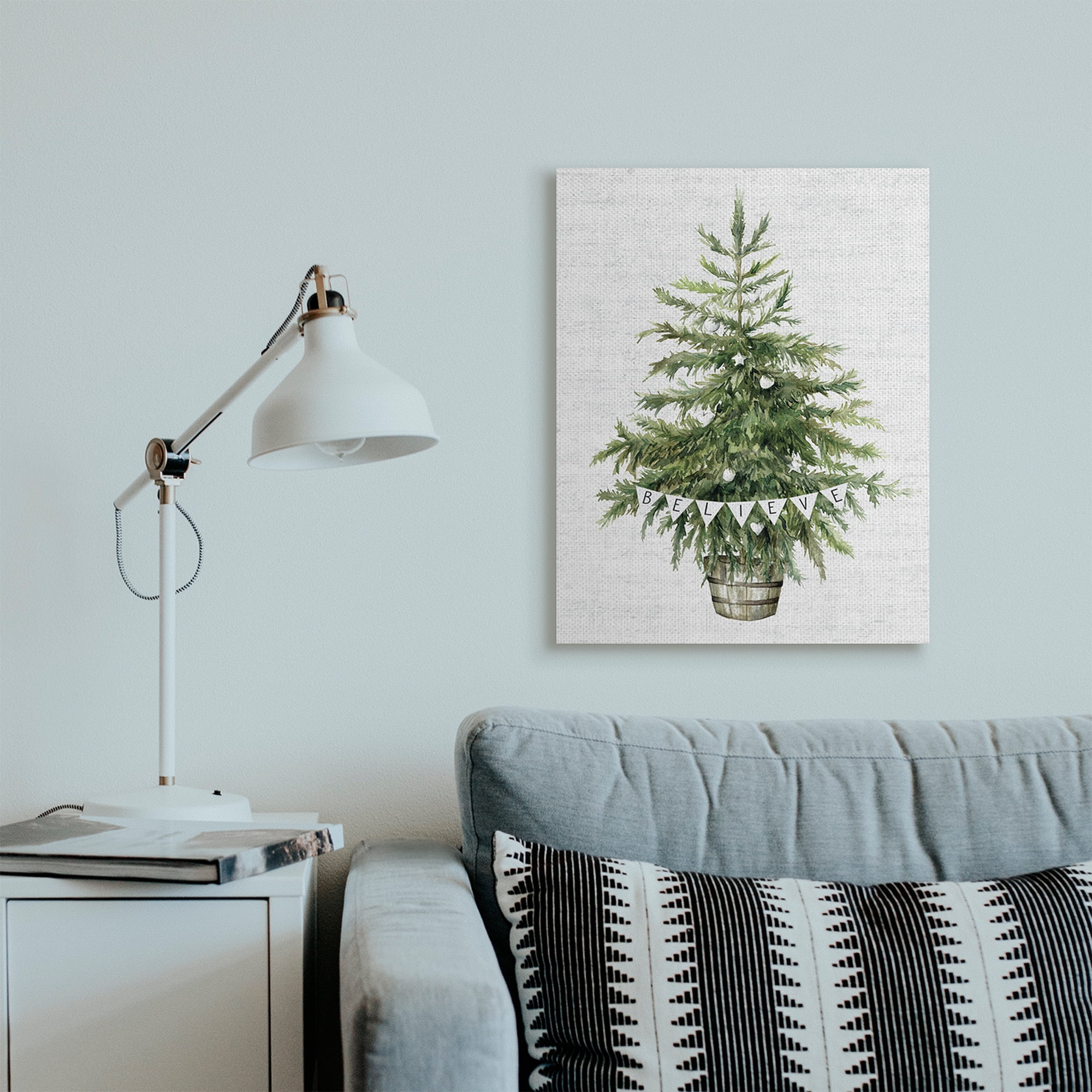 Stupell Industries Holiday Green Fir Tree with Believe Phrase Holiday Painting Gallery Wrapped Canvas Art Print Wall Art, 24 x 30