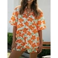 thumbnail image 2 of Argulvti Women Summer Shorts Outfits, Flower Print Turn-Down Collar Short Sleeve Shirts Tops Elastic Waist Shorts Set, 2 of 8