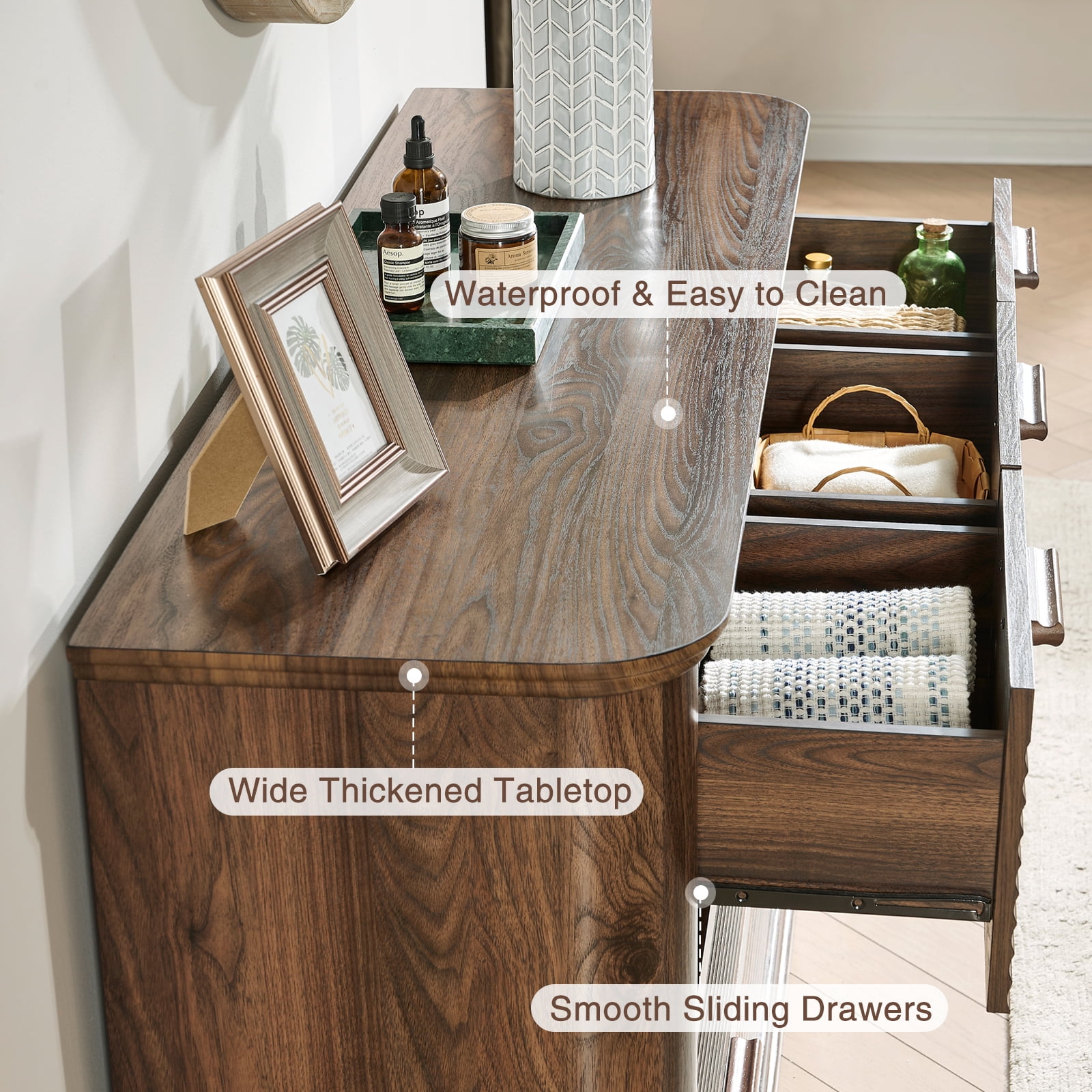 Hommoo Modern Wood Fluted 7 Drawer Dresser, 52" Wide Dresser Chest of Drawers with Curved Profile Design, Multifuctional Storage Organizer for Home, Walnut