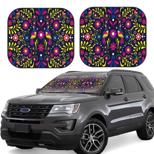 Fotbe Colorful Mexican 2-Piece Car Windshield Sun Shade | Sun Blocker for Car Windshield | Foldable Automotive Interior Accessories for Sun Protection-Small