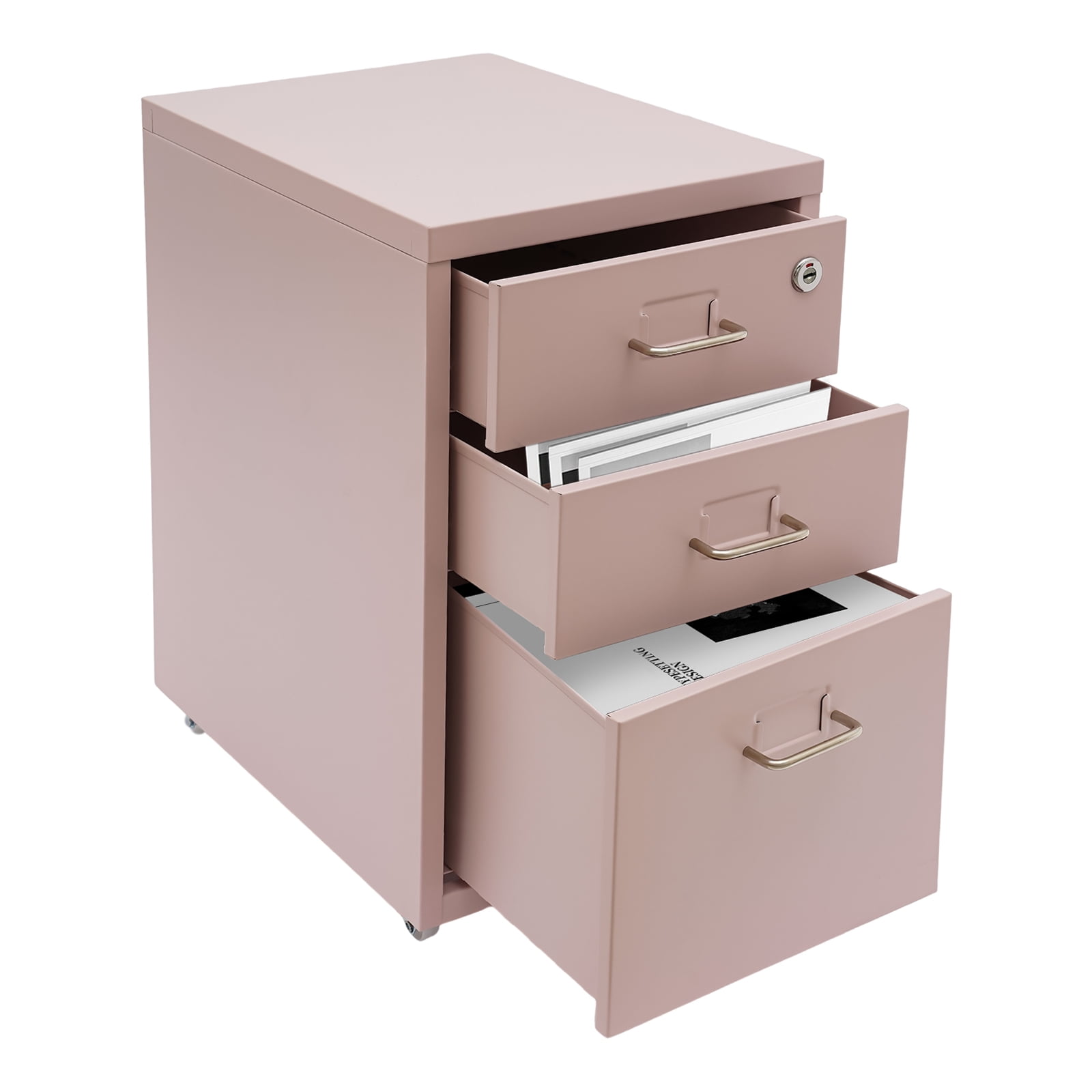 3-tier Pink Home Office Metal Mobile File Cabinet Modern Vertical File Cabinet With Lock Cold-rolled Steel
