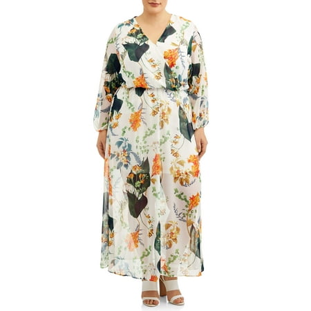 Jersey Knit Surplice Dress - Woman's Plus Size Long Sleeve Surplice Floral Maxi Dress